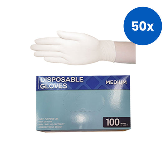 Skin Shield Latex Gloves Medium Size Powder Free Polymer Coated Textured Non Sterile 100/Box - White x50