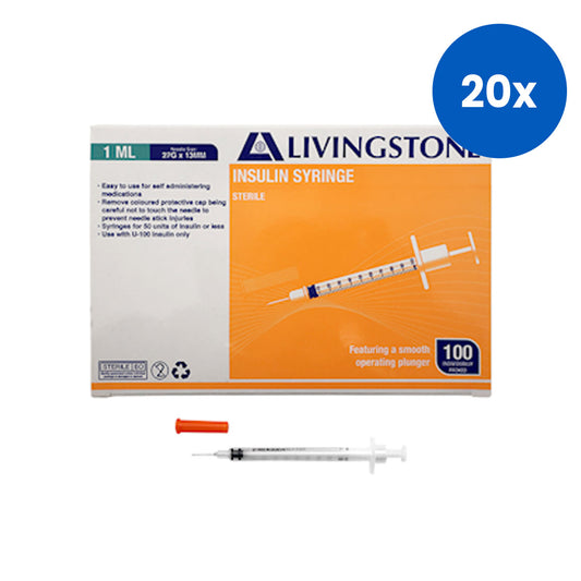 Livingstone Insulin Syringes 1ml with White Plunger and Needle 27G x 0.5 Inch 100 Pieces/Box - Clear x20