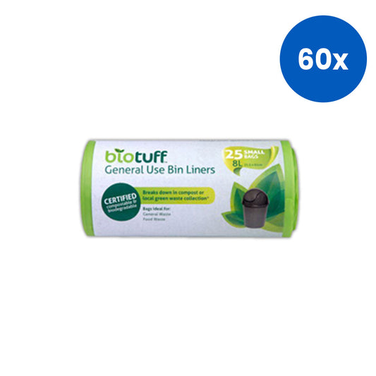 Biotuff Biodegradable Recyclable Plastic Bin Liners 8 Litres 25 Bags/Roll Green - 60
