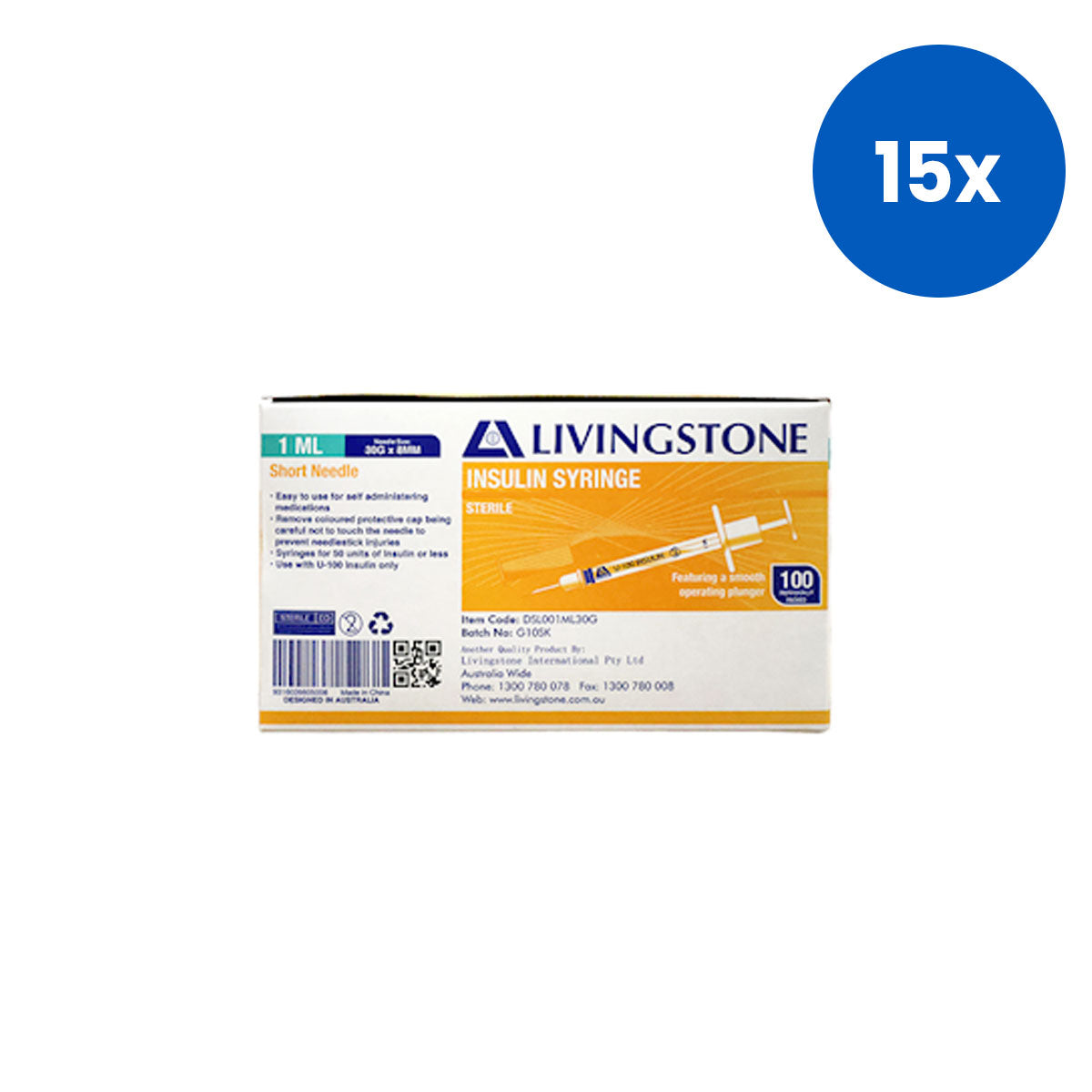 Livingstone Insulin Syringe 1ML With Needle 30Gx0.32Inch 8MM 100-Pack - White x15