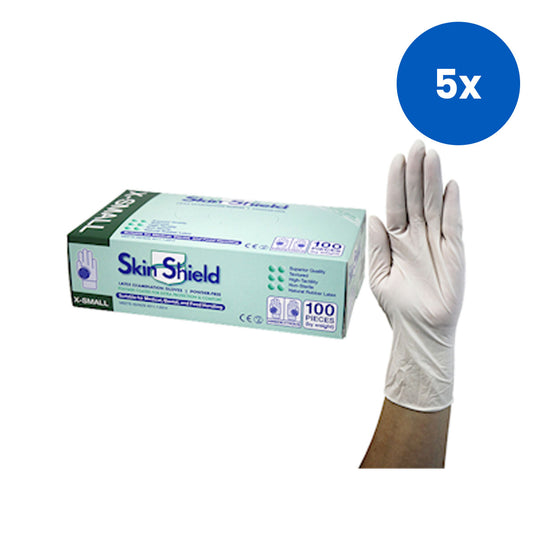 Skin Shield Latex Examination Gloves Extra Small Size Powder Free Biodegradable Polymer Coated 1000/Carton - Cream x5