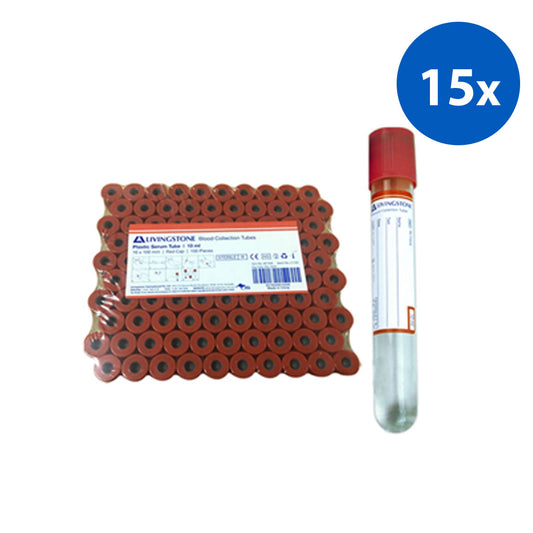 Livingstone Blood Collection Plastic Serum Tube 10mL 100/Pack - Red x15