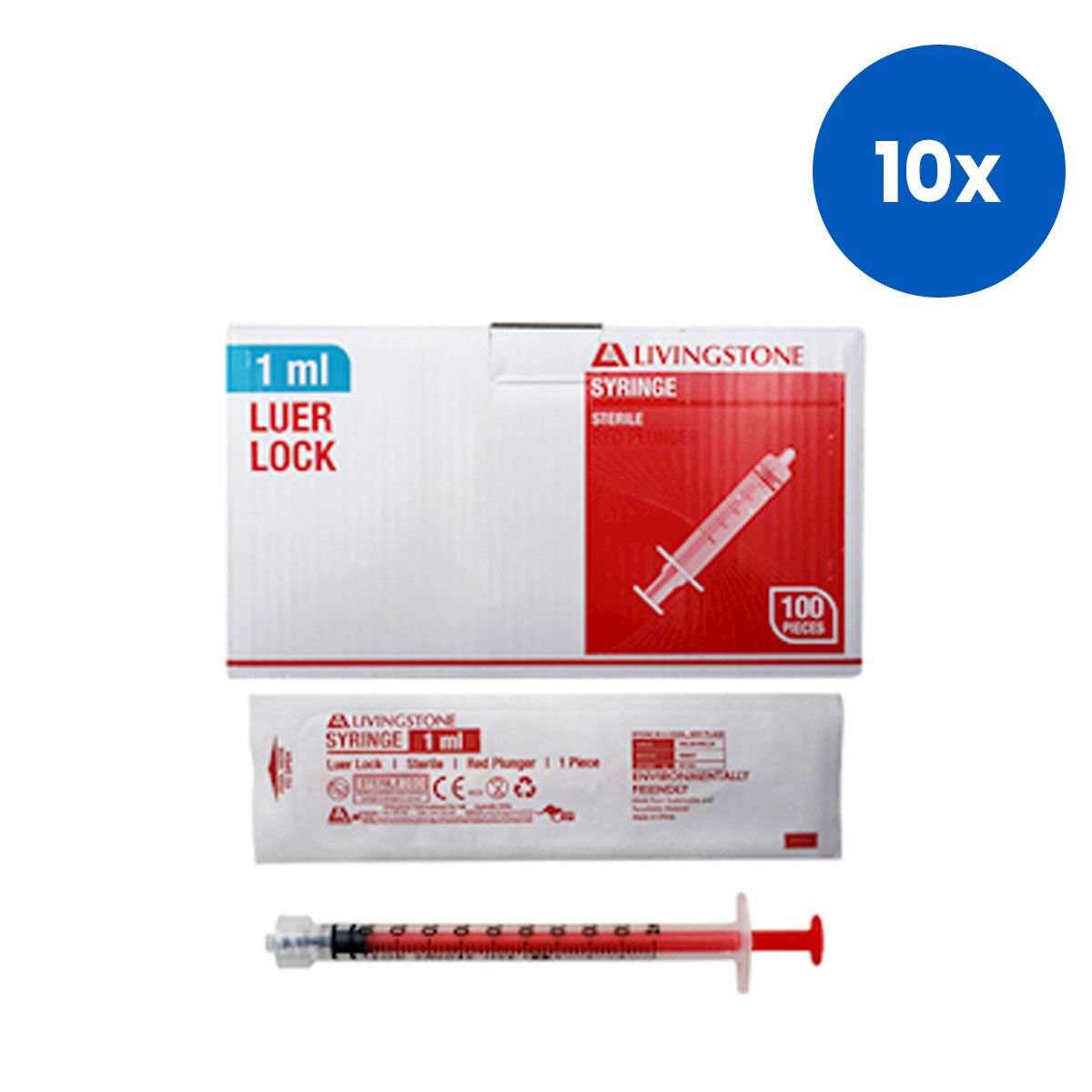 Livingstone Syringe 1ml Luer Lock Tip Latex Free Hypoallergeni 100/Box - Red