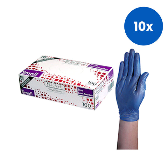 Sofeel Vinyl Gloves Recyclable Small Size Low Powder HACCP Grade 100 Pieces/Box 10 Boxes/Carton - Blue x10