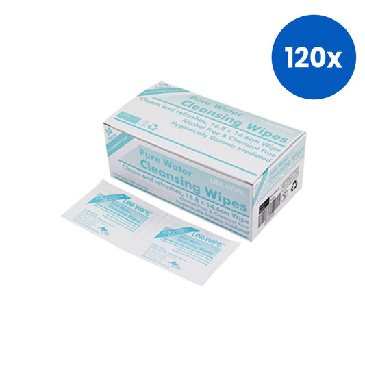 Uni-Wipe Pure Water Alcohol Free Cleansing Towelette Wipe 17 x 15cm Hygienically Sterilized 50 Sachets/Box - White x120