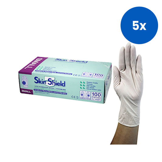 Skin Shield Latex Examination Gloves Small Size Powder Free Biodegradable Polymer Coated 1000/Carton - Cream x5