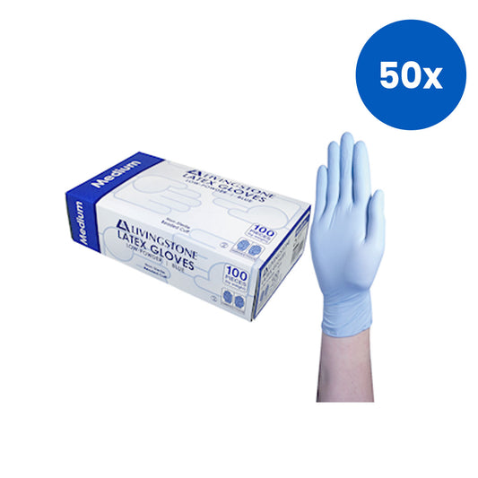 Livingstone Biodegradable Latex Examination Gloves ASTM Certified Low Powder Medium Size 100 Pieces/Box - Blue x15