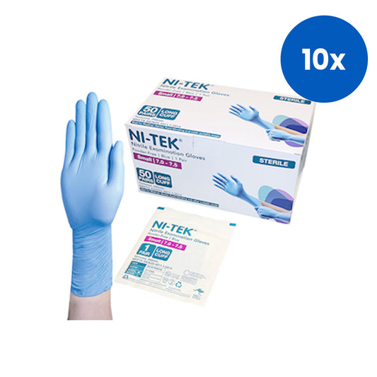 Ni-Tek Nitrile STERILE Exam Gloves Textured Powder Free 290mm Long Cuff Small Size 50 Pairs/Box - Blue x10