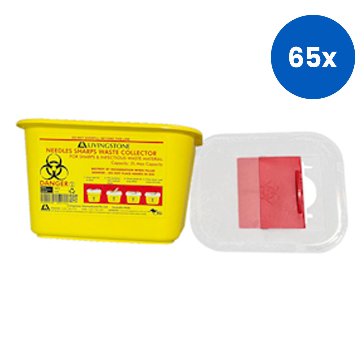 Livingstone Needles Sharps Waste Collector 2 L with Sliding Safety Lid & Needle Slots - Yellow x65