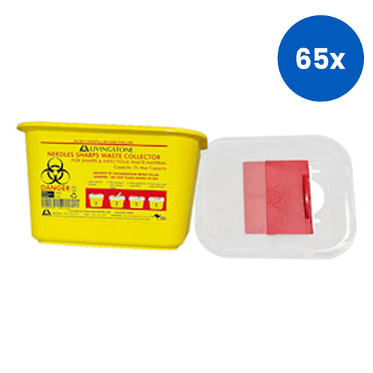 Livingstone Needles Sharps Waste Collector 2 L with Sliding Safety Lid & Needle Slots - Yellow x65