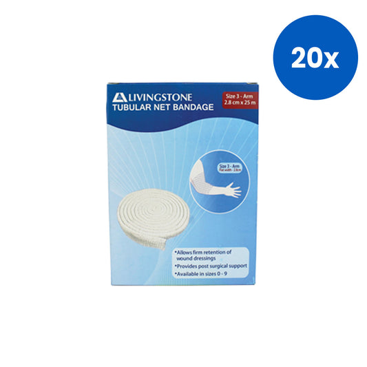 Livingstone Tubular Net Bandage Size D/3 Arm & Elbow 28mm Wide Elastic Retention Wrap 25m 1 Roll/Box – White x20