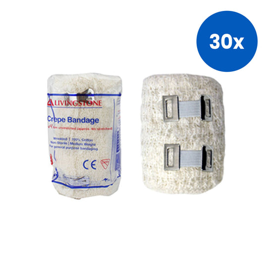 Livingstone Crepe Bandage Medium Weight 10cm x 4m Wrinkled 12/pack - White x30