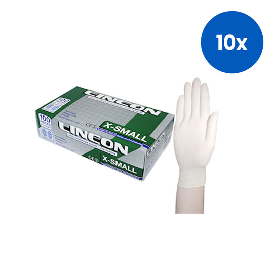 Lincon NY 2025 Special Lincon Latex Examination Gloves Extra Small Size Low Powder Biodegradable ASNZ Standard HACCP 100 Pieces/Box 1,000/Carton - White x10