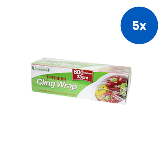 Universal Plastic Cling Wrap In Dispenser Pack with Cutter 33cm x 600m 6 Rolls/Carton - Green x5