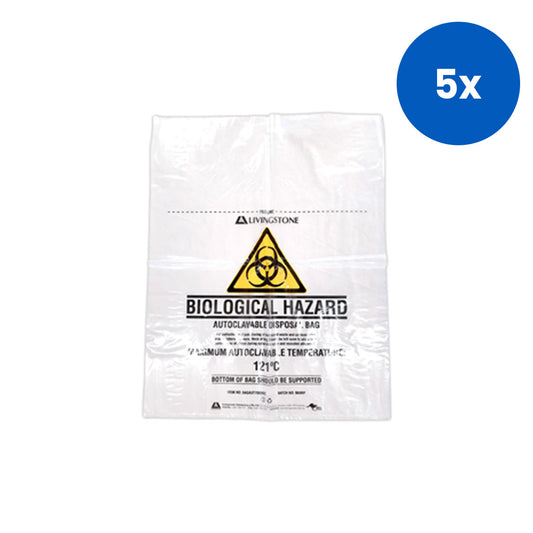 Livingstone Autoclavable Waste Bag Polypropylene 72 x 91cm 70 Litres 50 Microns Open Diameter 45cm 250/Carton - Clear x5