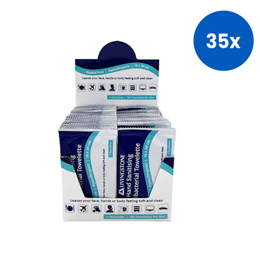 Livingstone Hand Sanitising Antibacterial Towelette Wipe 16 x 20cm 1 Sachet/Pack 100 Sachets/Bag - White x35
