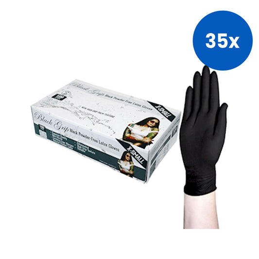 Black Grip Thick Heavy Duty Latex Gloves Extra Small Size Textured Polymer Coated Powder Free 100/Box - Black x35