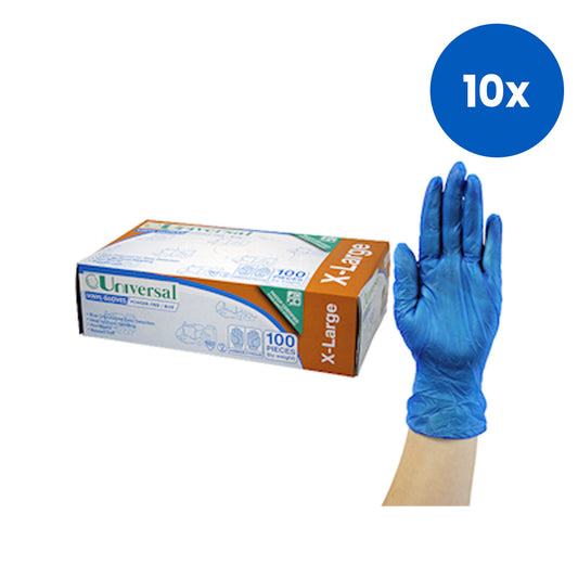 Universal Choice Vinyl Gloves Extra Large Size Recyclable Powder Free 100/Box 1000/Carton - Blue x10