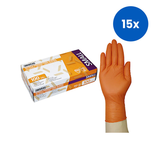 Safeplus Thick Nitrile Gloves Small Size 245mm Cuff Heavy Duty Powder Free 100/Box - Orange x15