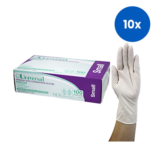 Universal Choice Biodegradable Latex Examination Gloves Small Size AS/NZ Standard Low Powder 100/Box 1,000/Carton - Cream x10