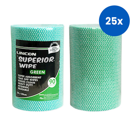 Lincon Superior Wipe Microfibre Cleaning Wipes Heavy Duty 30cm x 50 cm 45 Metre Roll 90 Sheets/Roll - Green x25