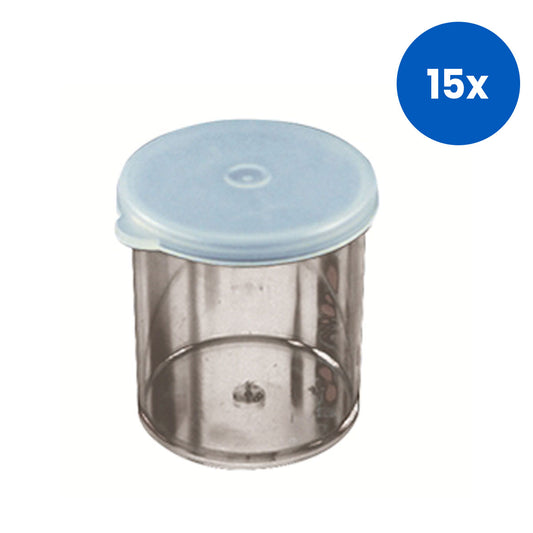 Aptaca Specimen Containers with White Press-On Cap 30mL 34 x 41mm Recyclable Polystyrene Non-Sterile 100 Pieces/Bag - Clear x15