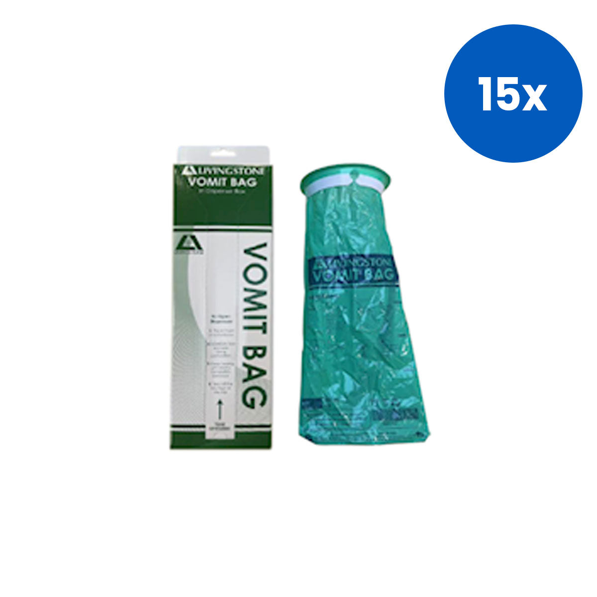 Livingstone Emesis Vomit Bag 1500mL Capacity Biodegradable in Patented Dispenser 50 Pieces/Box - Green x 15