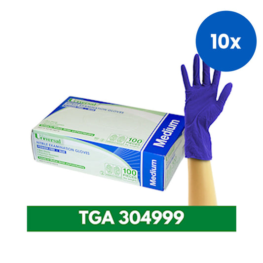Universal Choice Nitrile Examination Gloves Medium Size ASTM Standard Powder Free 100/Box 1000/Carton - Blue x10