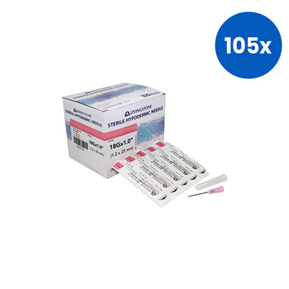 Livingstone Hypodermic Needles 18G x 1 Inch (1.2mm x 25mm) Sterile Stainless Steel with Color-Coded Hub & Protective Sheath - WHite x105