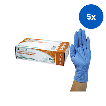 Universal Choice Nitrile Examination Gloves Extra Large Size AS NZ Standard Powder Free 100/Box 1000/Carton - Blue x5