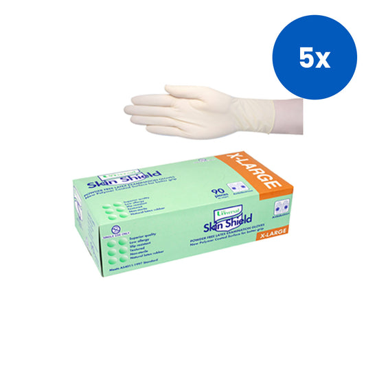 Skin Shield Universal Latex Examination Gloves Extra Larger Size Powder Free Biodegradable Polymer Coated - Cream x5