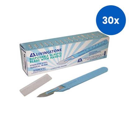 Livingstone Disposable Scalpel Stainless Steel Blade Size 24 Fixed Handle Sterile Surgical Cutting Tool 10 pieces/Box - Silver x30