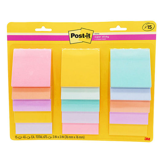 Post‑It Super Sticky Notes 76 x 76mm 15 pads per pack 90 sheets per pad