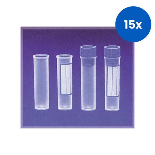 Aptaca Cylindrical Test Tube 5ml 16 x 50mm Flat Bottom Recyclable Polypropylene with Cap 250/Bag - Clear x15