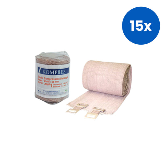 Komprez Elastic Heavy Compression Bandage 5cm x 1.6 metres to 4.5 metres 12/Pack - Brown x15