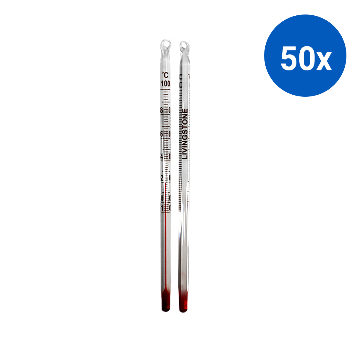 Livingstone Lab Thermometer Red Spirit Minus 10 to 100deg Celsius 2.0deg Division Total Immersion 155mm - White x50