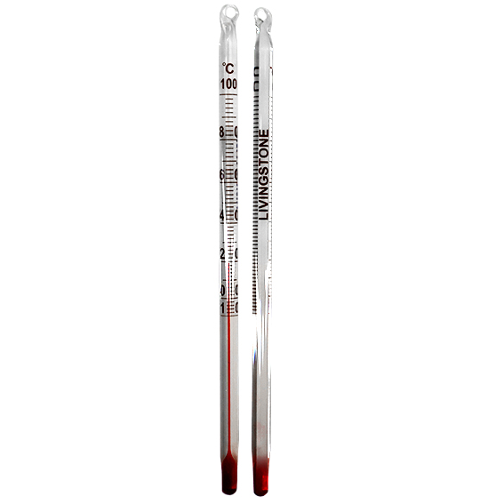 Livingstone Lab Thermometer Red Spirit Minus 10 to 100deg Celsius 2.0deg Division Total Immersion 155mm - White x50