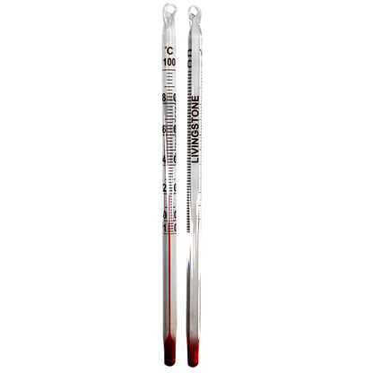 Livingstone Lab Thermometer Red Spirit Minus 10 to 100deg Celsius 2.0deg Division Total Immersion 155mm - White x50