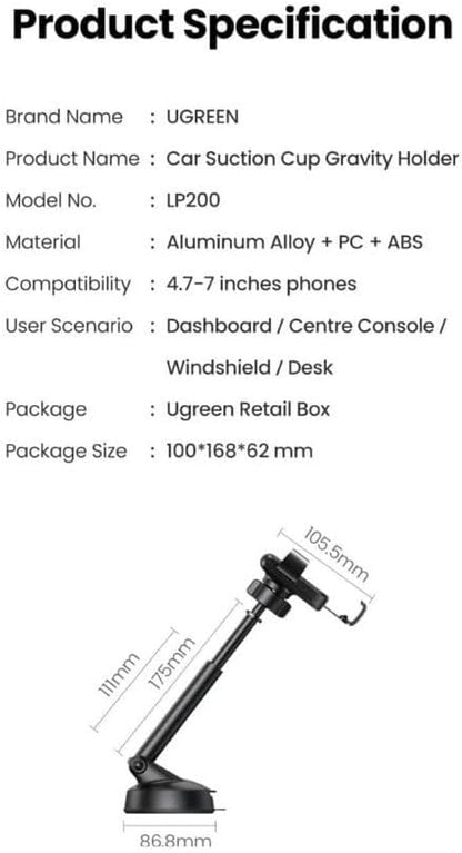 UGREEN Gravity Phone Holder wiSuction Cup Black