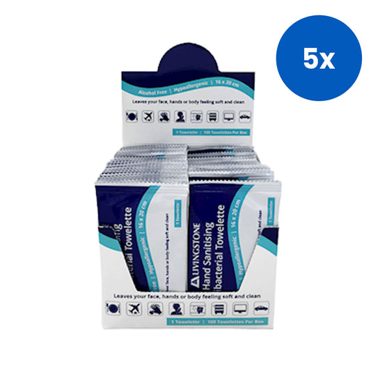 Livingstone Hand Sanitising Alcohol Free Antibacterial Towelette Wipe 16 x 20cm 100 Single Sachets/Box 800/Carton - WHite x5
