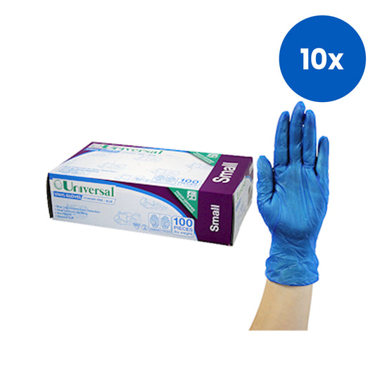 Universal Choice Vinyl Gloves Small Size Recyclable Powder Free 100/Box 1000/Carton - Blue x10