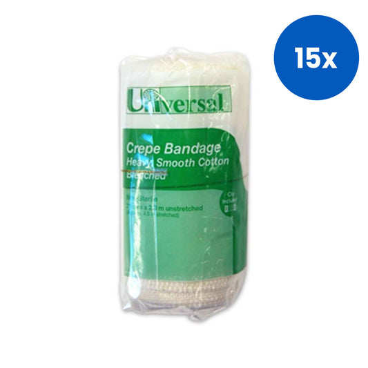 Universal Choice Crepe Bandage Heavyweight 7.5cm x 2.3m Unstretched 4.5m Stretched 12/Pack - White x15
