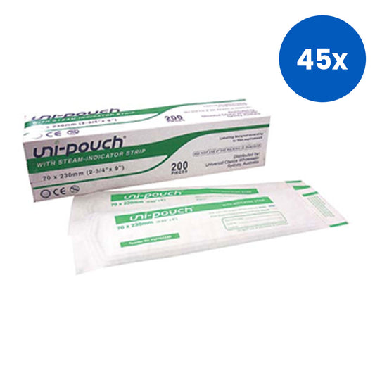 Uni-Pouch Sterilisation Pouch with Colour Change Indicator 70 x 230mm 200/Box - White x45