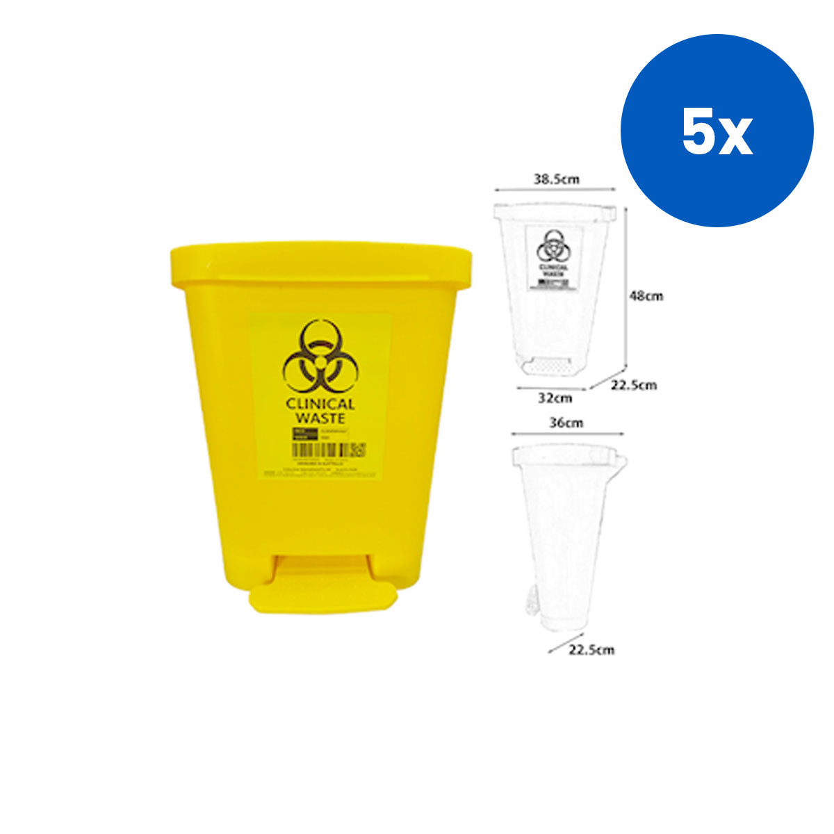 Livingstone Clinical Biohazard Waste Bin 30L 385x360x480MM Hands Free Foot Pedal PP - Yellow x5