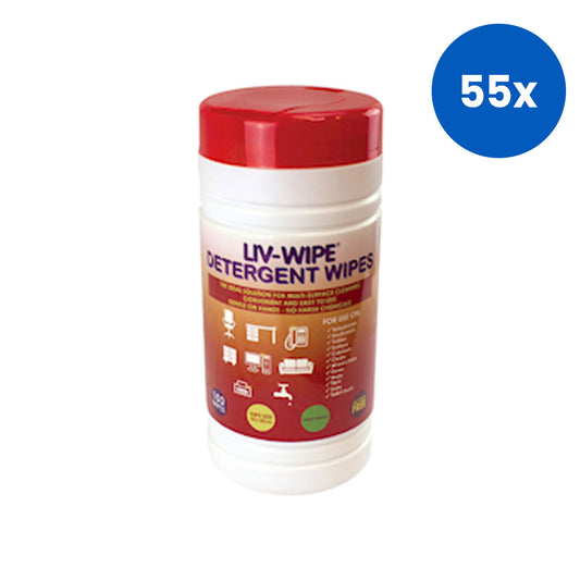 Liv-Wipe Detergent Wipes 20 x 30cm Nonwoven Alcohol Free 100 Wipes/Tub x55