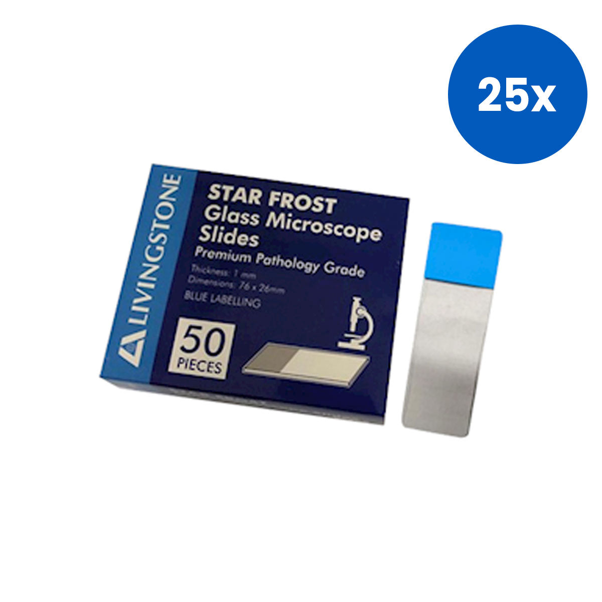 Livingstone Microscope Glass Slide 76 x 26mm with Blue Labelling Panel 50 Slides/Pack - Silver x25