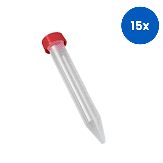Aptaca Centrifuge Conical Tube with Flat Top Red Screw Cap 15ml 17mm x 120mm Recyclable Polypropylene 150/Bag - Clear x15