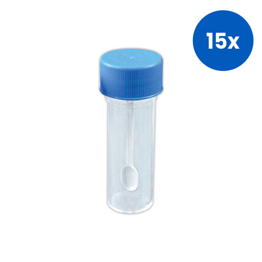Aptaca Specimen Container with Blue Screw Cap and Spoon 25mL 25 x 90mm 100 Pieces/Bag - White x15