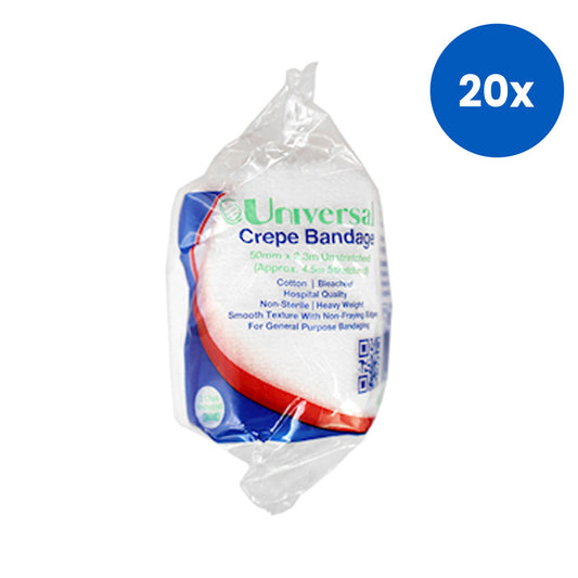 Universal Choice Crepe Bandage, Heavyweight 5cm x 2.3m Unstretched 4.5m Stretched 12/Pack - White x20