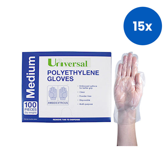 Universal Choice Disposable Polyethylene Gloves Medium Size Recyclable Latex Free Clear 100/Pack 2,500/Carton - Clear x15